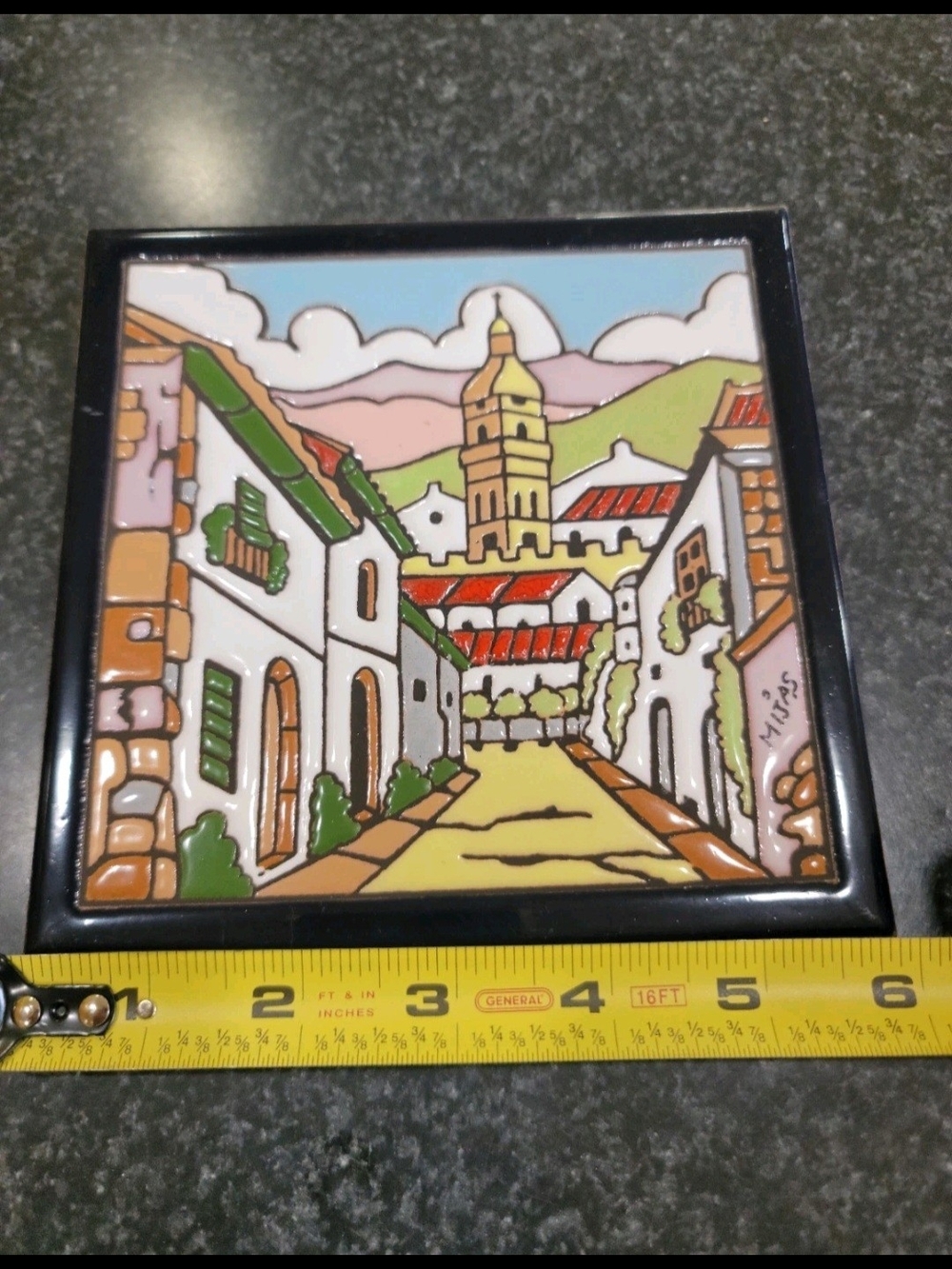 Mijac Signed Glazed Ceramic Townscape Wall Tile Plaque, Glossy, 6x6 in - Picture 3 of 5